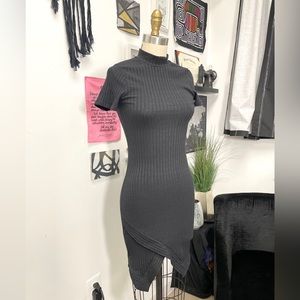 Casual cute little black rib knit mock turtleneck dress with angular hem